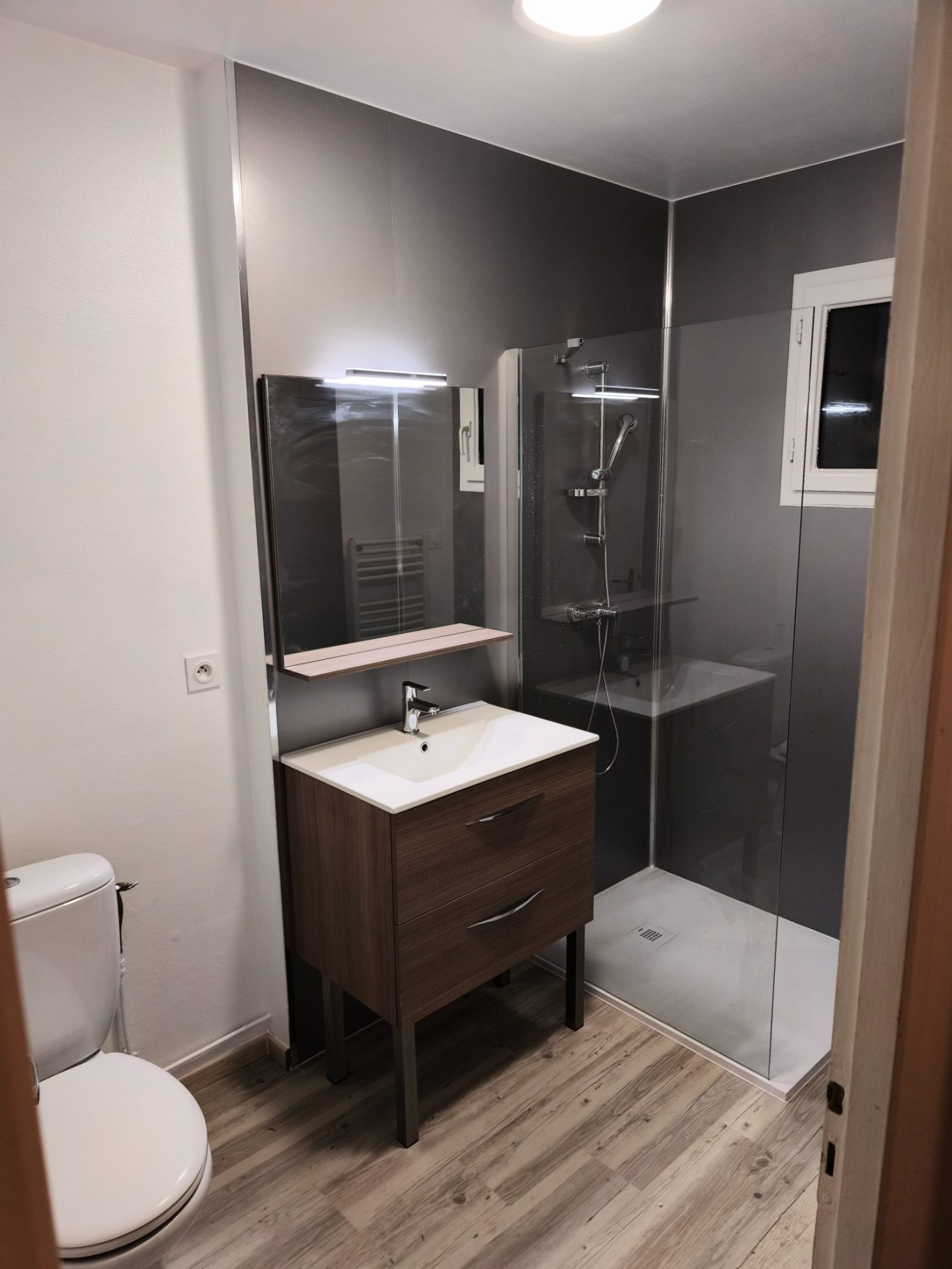 Rénovation complète d'une salle de bain Salle de bain moderne avec douche, lavabo et wc, murs gris et sol en bois.